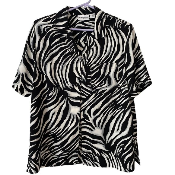 Alfred Dunner Zebra Print Button-Up Shirt Short Sleeve Lightweight Black & White - Picture 1 of 6